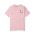 Pink Comfort Colors unisex graphic tee with a small The Love Hypothesis chest design from Thtgrlreads Ali Hazelwood tees and officially licensed bookish apparel