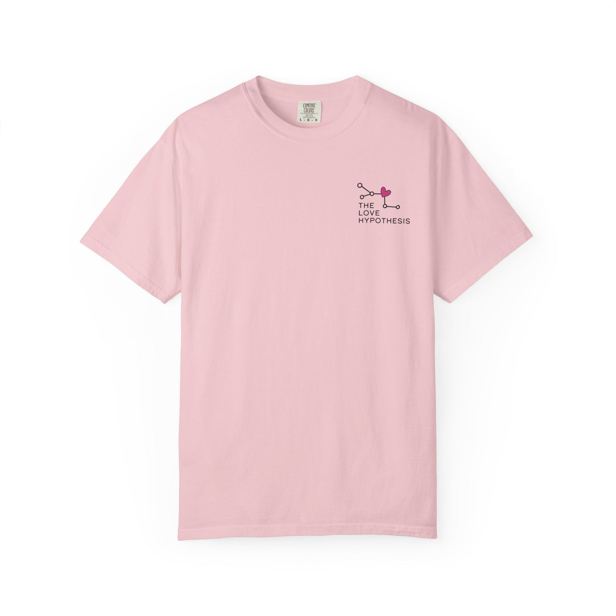 Pink Comfort Colors unisex graphic tee with a small The Love Hypothesis chest design from Thtgrlreads Ali Hazelwood tees and officially licensed bookish apparel