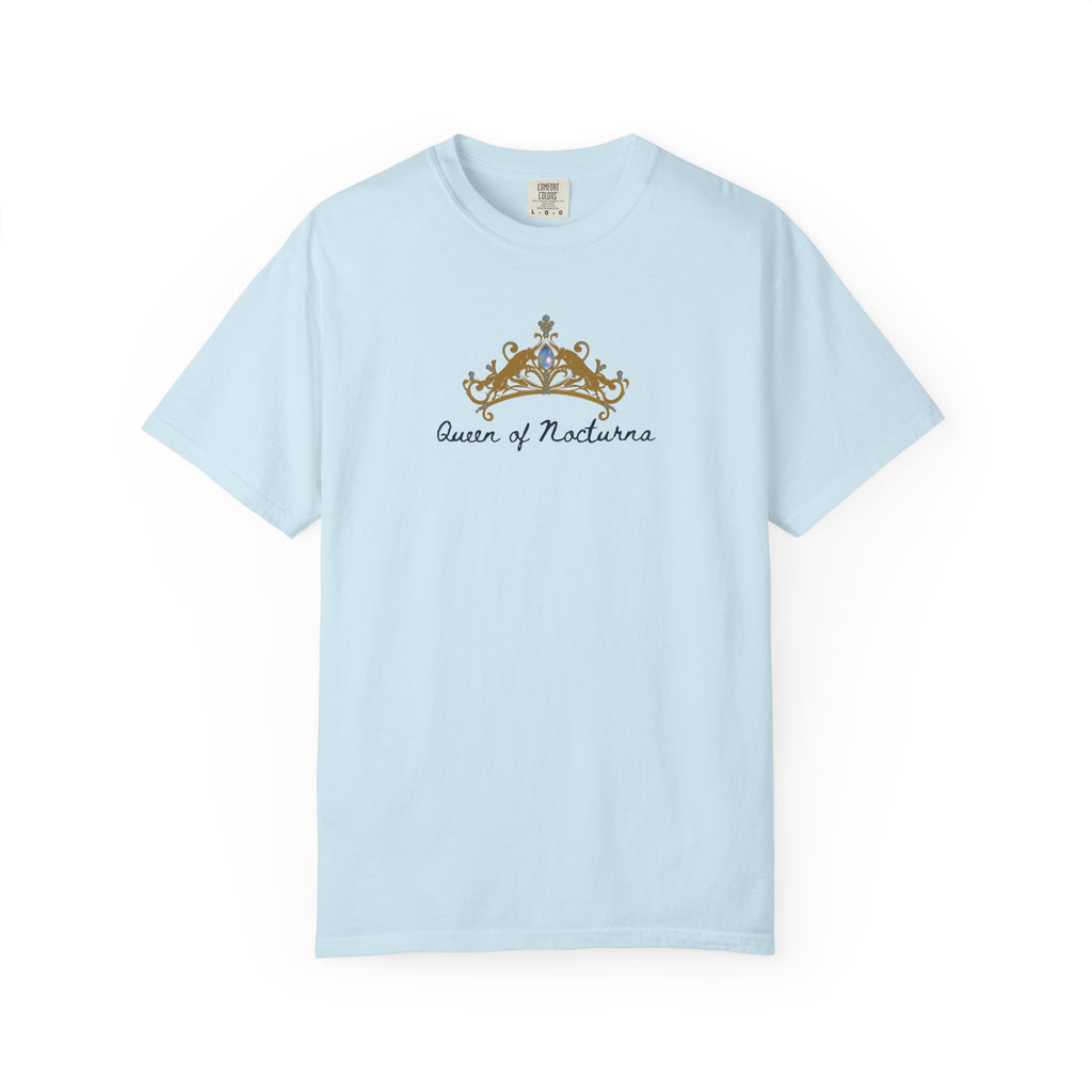 Light blue Comfort Colors graphic tee from thtgrlreads featuring a vintage-style golden crown and gothic script font text inspired by the Wolves of Ruin collection.