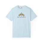 Light blue Comfort Colors graphic tee from thtgrlreads featuring a vintage-style golden crown and gothic script font text inspired by the Wolves of Ruin collection.