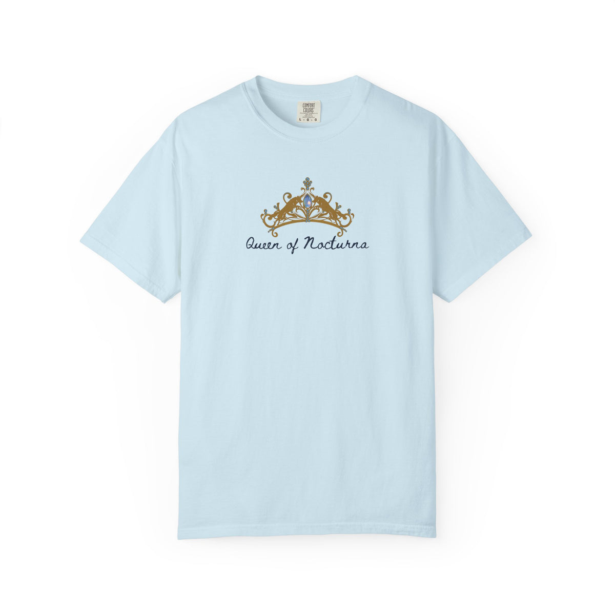 Light blue Comfort Colors graphic tee from thtgrlreads featuring a vintage-style golden crown and gothic script font text inspired by the Wolves of Ruin collection.