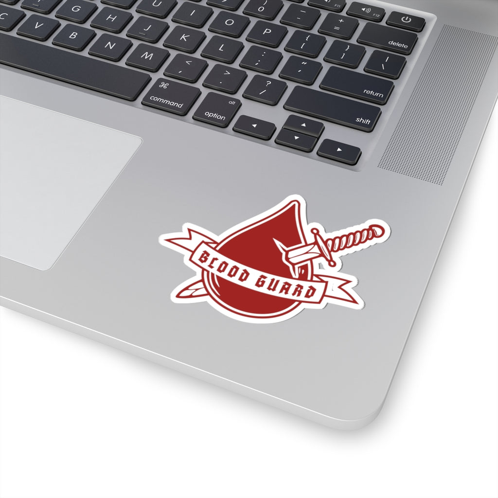 Sticker from the Bloodwing Academy collection by thtgrlreads featuring a red shield and sword design with "Blood Guard" text, ideal for bookish fans.