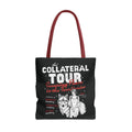 Black tote bag with red handles featuring The Collateral Tour graphic, wolf and woman illustration, and Seemingly Peace in the Territories text, Ali Hazelwood merch by Printify