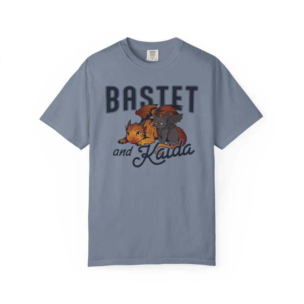 Blood Bound collection Comfort Colors unisex graphic tee from thtgrlreads featuring a vintage-wash blue shirt printed with cute fantasy cat characters Bastet and Kaida, available from Printify.