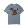 Blood Bound collection Comfort Colors unisex graphic tee from thtgrlreads featuring a vintage-wash blue shirt printed with cute fantasy cat characters Bastet and Kaida, available from Printify.