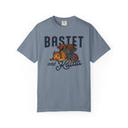 Blood Bound collection Comfort Colors unisex graphic tee from thtgrlreads featuring a vintage-wash blue shirt printed with cute fantasy cat characters Bastet and Kaida, available from Printify.