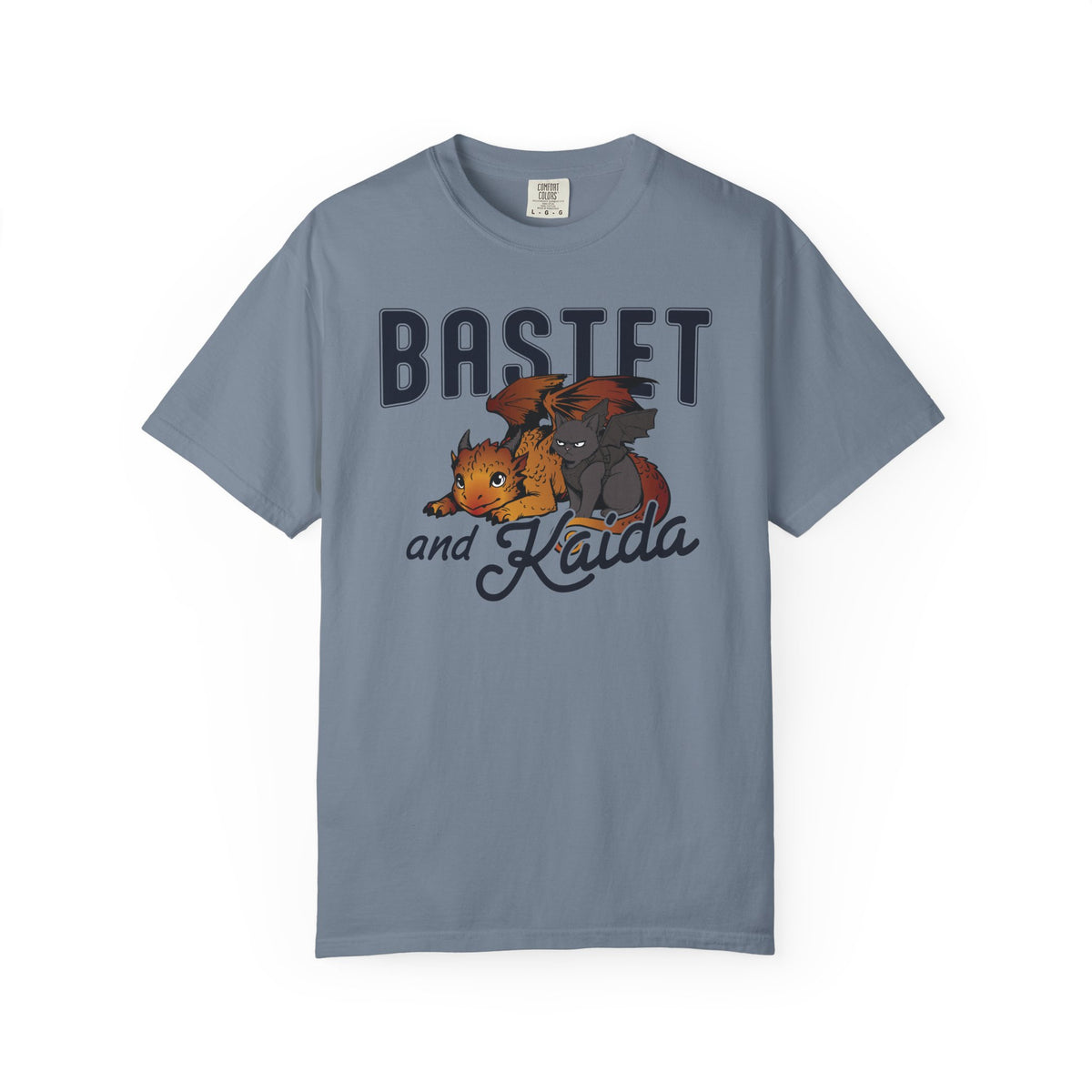 Blood Bound collection Comfort Colors unisex graphic tee from thtgrlreads featuring a vintage-wash blue shirt printed with cute fantasy cat characters Bastet and Kaida, available from Printify.