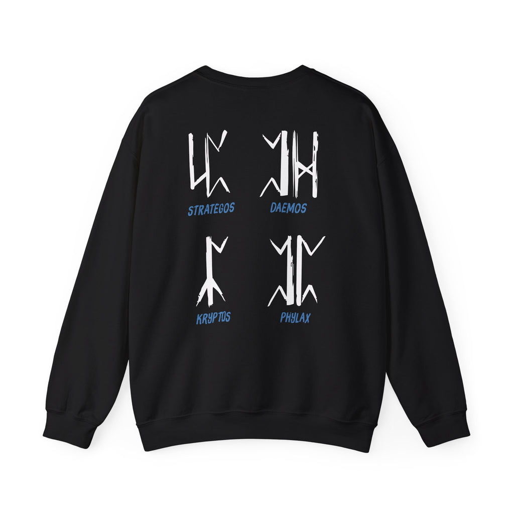 A black oversized crewneck from thtgrlreads featuring Wolves of Ruin themed graphic symbols and names in white and blue on the back, made with soft Comfort Colors fabric.