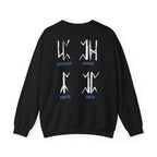 A black oversized crewneck from thtgrlreads featuring Wolves of Ruin themed graphic symbols and names in white and blue on the back, made with soft Comfort Colors fabric.
