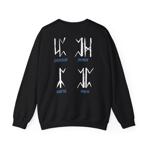 A black oversized crewneck from thtgrlreads featuring Wolves of Ruin themed graphic symbols and names in white and blue on the back, made with soft Comfort Colors fabric.