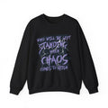 thtgrlreads oversized crewneck sweatshirt from the Lady of Darkness & Legacy Series featuring a vintage washed black Comfort Colors base with purple gothic text graphic reading "Who will be left standing when chaos comes to reign" styled with lightning details.