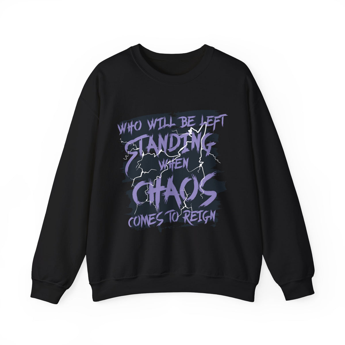thtgrlreads oversized crewneck sweatshirt from the Lady of Darkness & Legacy Series featuring a vintage washed black Comfort Colors base with purple gothic text graphic reading "Who will be left standing when chaos comes to reign" styled with lightning details.