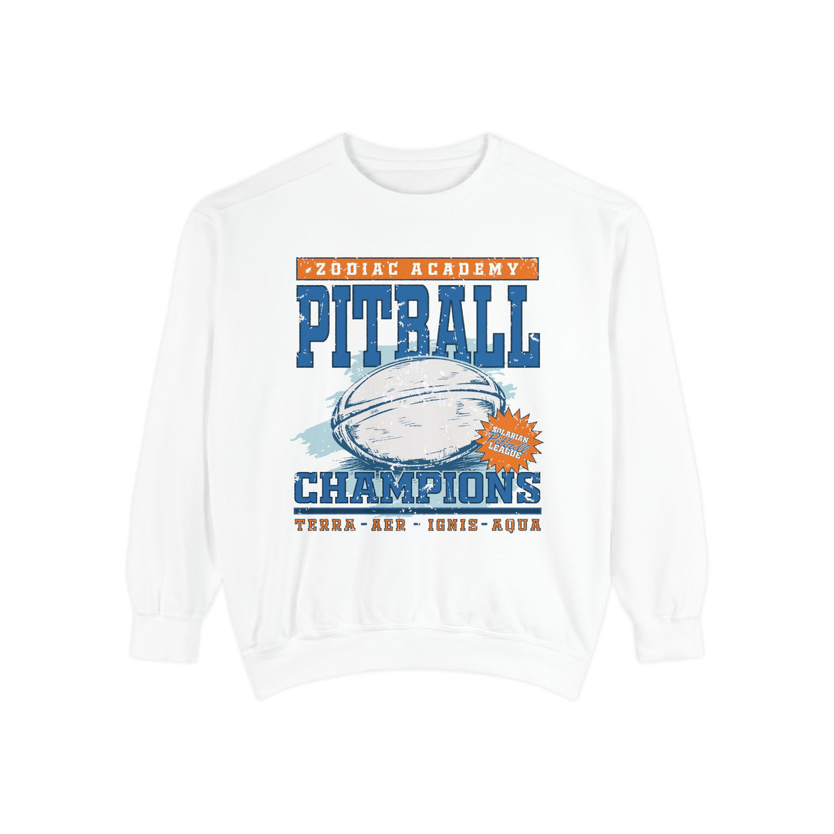 Zodiac Academy themed crewneck sweatshirt from thtgrlreads featuring a vintage-style pitball graphic with distressed text in bold blue and orange on a soft Comfort Colors cotton blend.