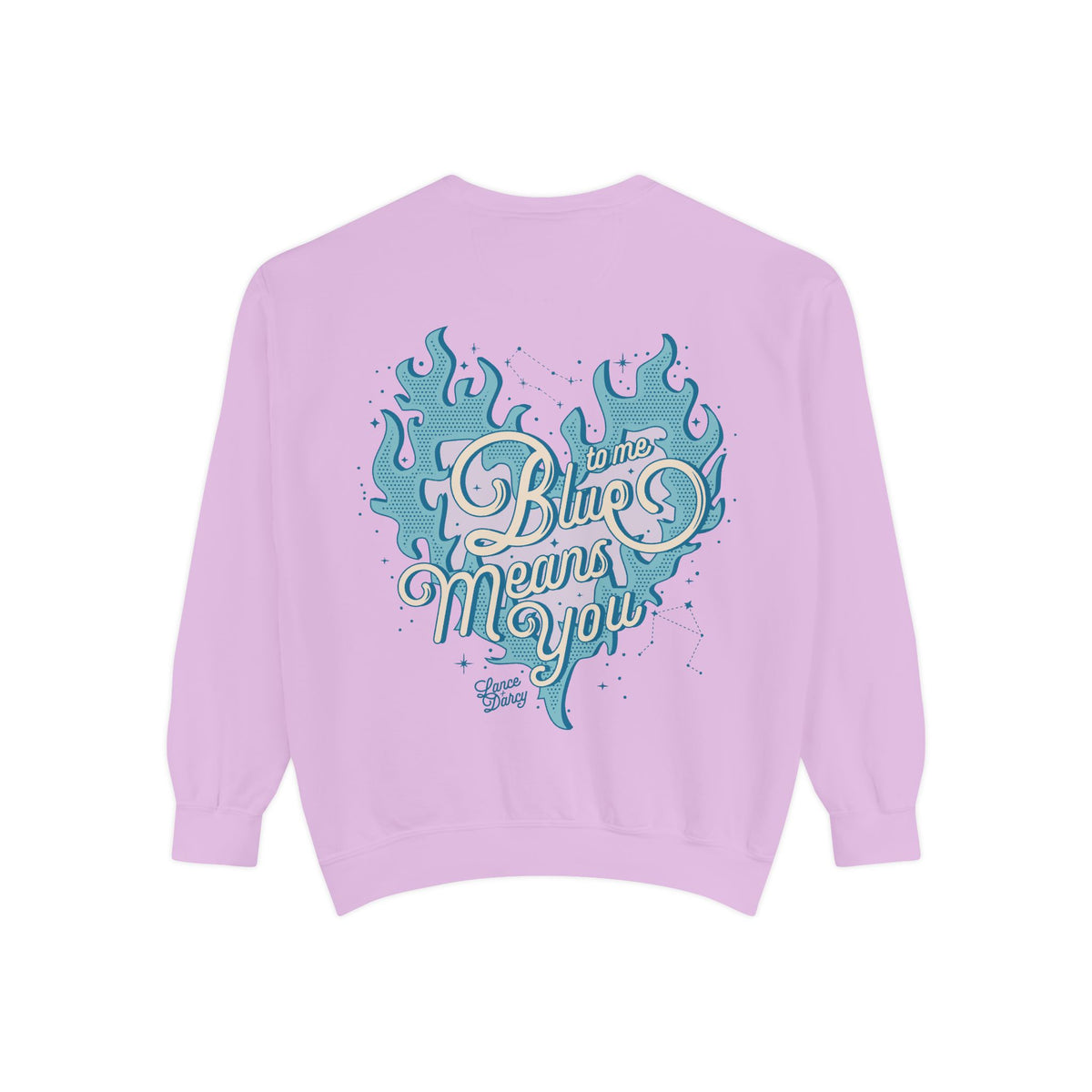 Zodiac Academy-themed oversized crewneck sweatshirt from thtgrlreads featuring a vintage puff print graphic in blue flames with the phrase "Blue Means You," part of their Crewnecks collection.