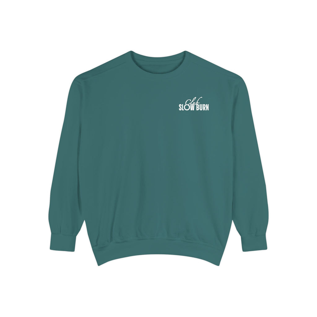 Thtgrlreads Club Slowburn oversized crewneck sweatshirt in vintage-washed teal Comfort Colors fabric with minimalist white slow burn text, part of Book Bestie and Crewnecks collections.