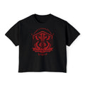 A black Comfort Colors crop top from thtgrlreads featuring the Bloodwing Academy collection with a vintage-wash feel and red gothic script crest graphic of a dragon and sword.