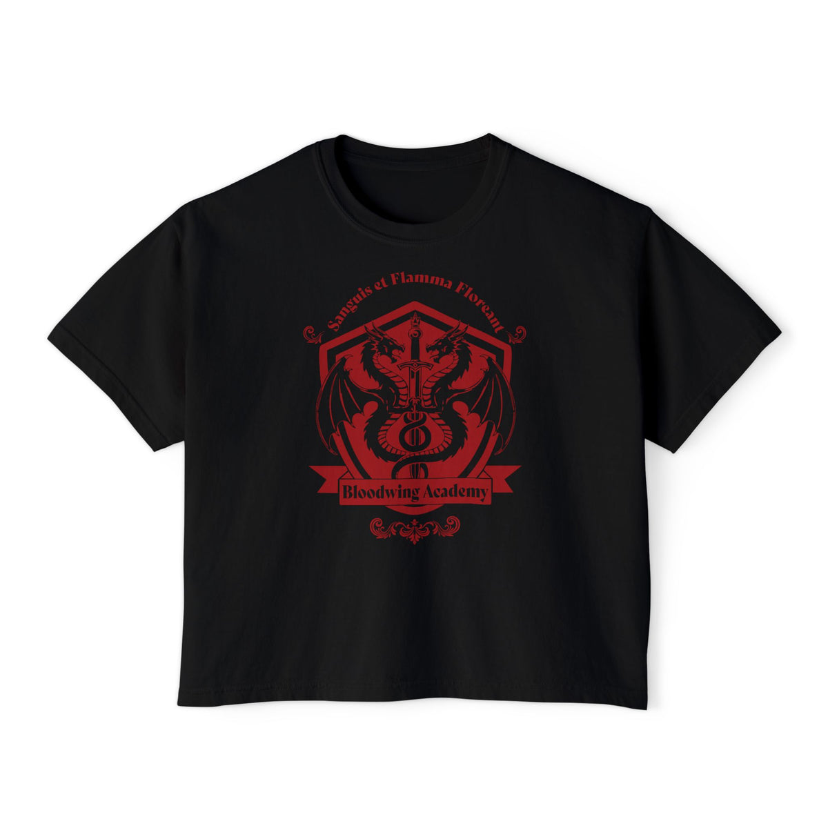 A black Comfort Colors crop top from thtgrlreads featuring the Bloodwing Academy collection with a vintage-wash feel and red gothic script crest graphic of a dragon and sword.