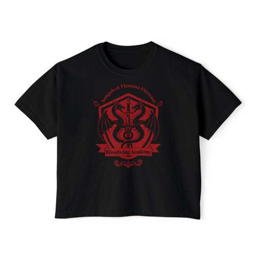 A black Comfort Colors crop top from thtgrlreads featuring the Bloodwing Academy collection with a vintage-wash feel and red gothic script crest graphic of a dragon and sword.