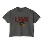 Bloodwing Academy crop top from thtgrlreads featuring a vintage wash Comfort Colors fabric with bold red gothic text and detailed emblem graphic, part of Bloodwing Academy and Tees collections.