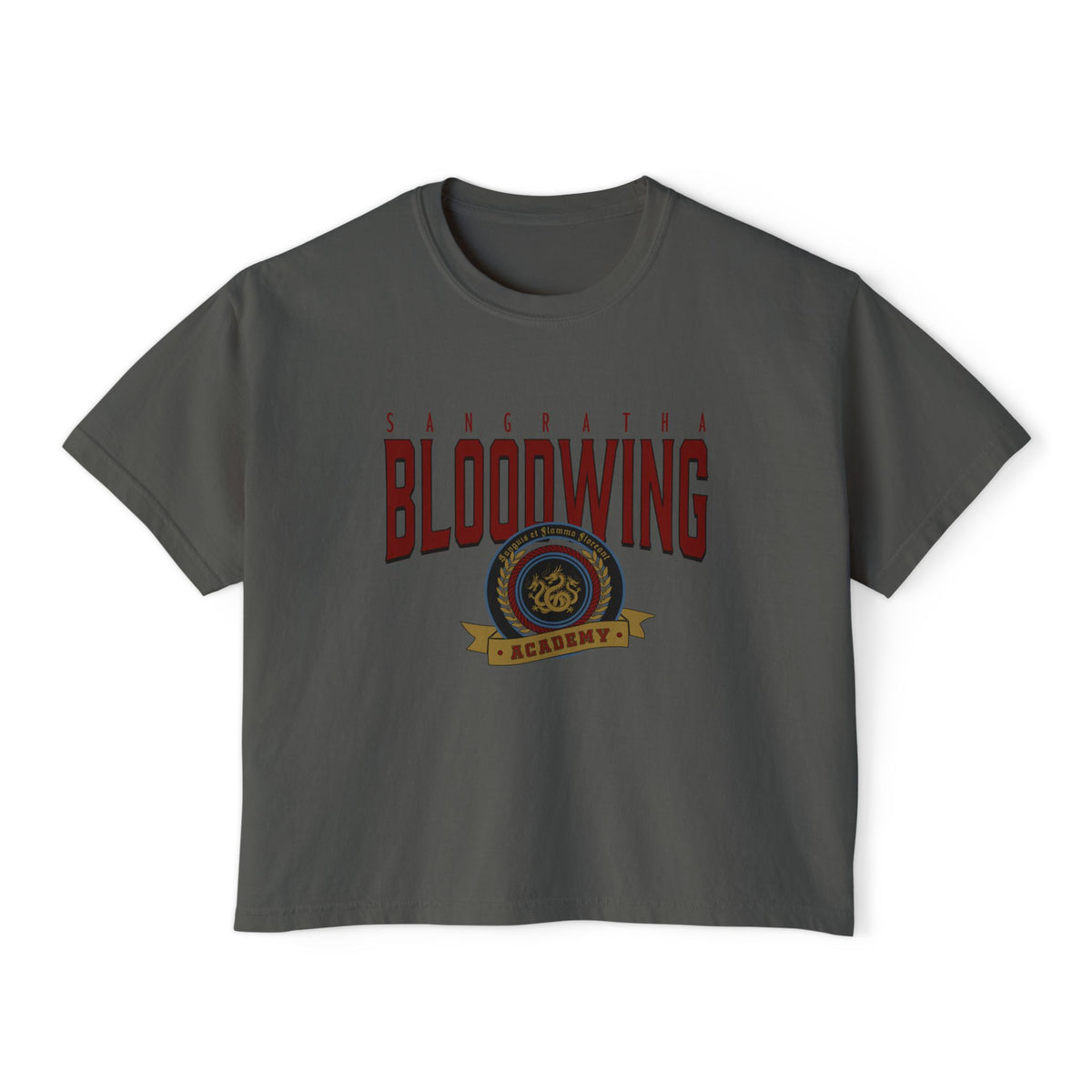 Bloodwing Academy crop top from thtgrlreads featuring a vintage wash Comfort Colors fabric with bold red gothic text and detailed emblem graphic, part of Bloodwing Academy and Tees collections.