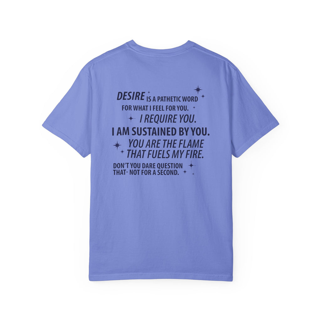 Kindred's Curse Saga inspired Comfort Colors graphic tee by thtgrlreads, featuring bold black printed romantic text on a vintage-washed lavender unisex cotton fabric.