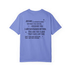 Kindred's Curse Saga inspired Comfort Colors graphic tee by thtgrlreads, featuring bold black printed romantic text on a vintage-washed lavender unisex cotton fabric.
