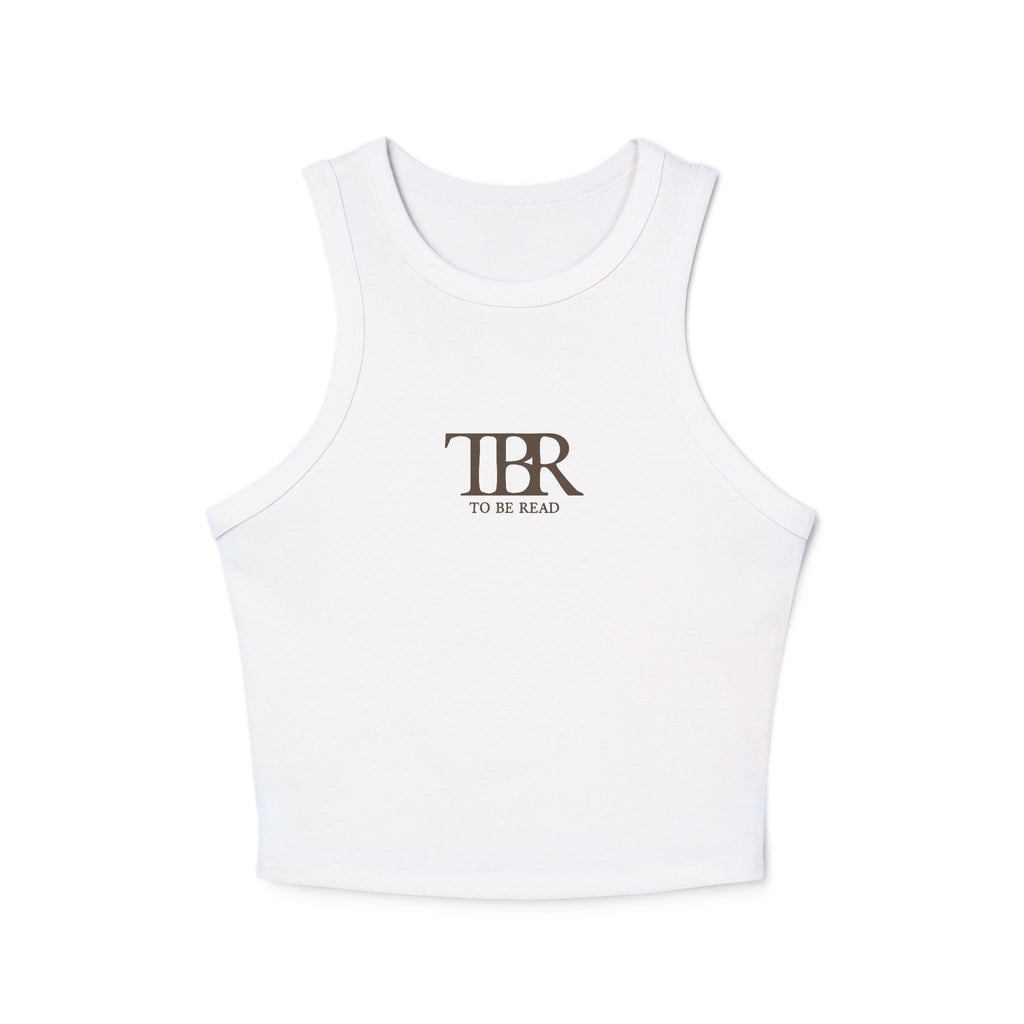 thtgrlreads white comfort colors cropped tank top featuring a minimalist "TBR To Be Read" bookish graphic, part of Book Bestie and Off Brand collections, soft vintage wash fabric.