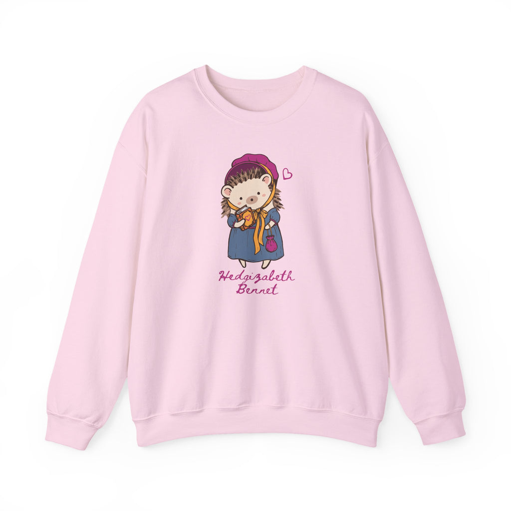 Pink crewneck sweatshirt featuring a whimsical hedgehog dressed as Elizabeth Bennet with Hedgizabeth Bennet lettering from Thtgrlreads Crewnecks Ali Hazelwood collection