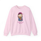 Pink crewneck sweatshirt featuring a whimsical hedgehog dressed as Elizabeth Bennet with Hedgizabeth Bennet lettering from Thtgrlreads Crewnecks Ali Hazelwood collection