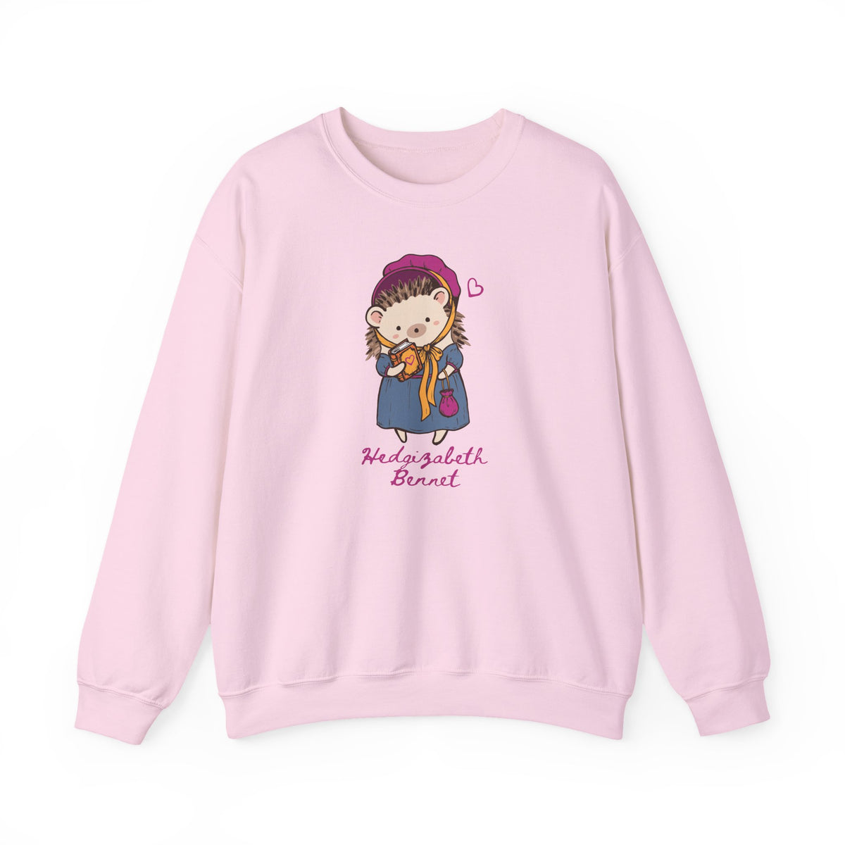 Pink crewneck sweatshirt featuring a whimsical hedgehog dressed as Elizabeth Bennet with Hedgizabeth Bennet lettering from Thtgrlreads Crewnecks Ali Hazelwood collection