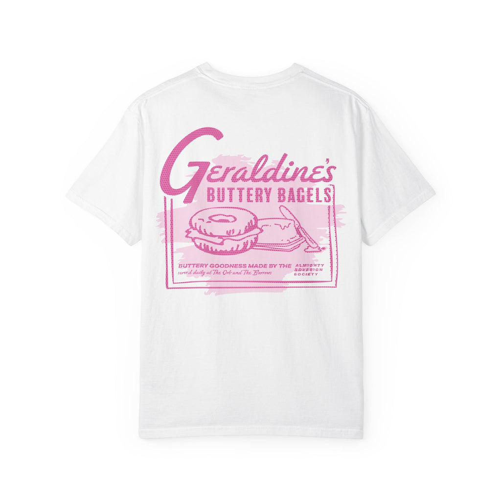 Zodiac Academy graphic tee by thtgrlreads featuring a comfort colors white unisex short-sleeve shirt with vintage-style pink print of Geraldine’s buttery bagels design, part of the Tees collection.