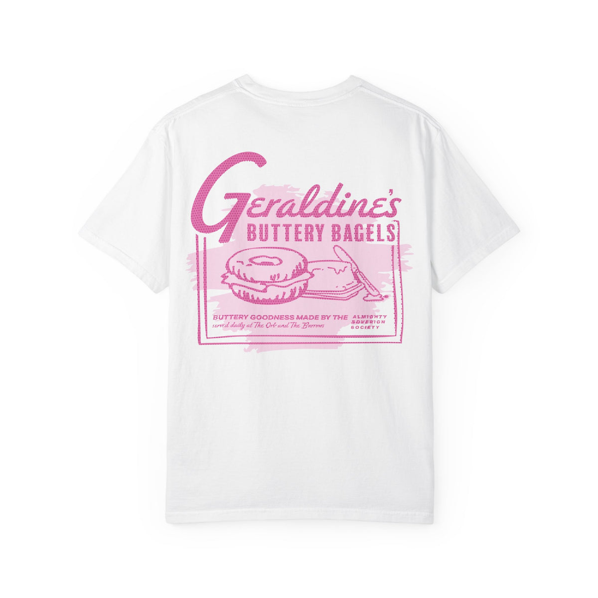 Zodiac Academy graphic tee by thtgrlreads featuring a comfort colors white unisex short-sleeve shirt with vintage-style pink print of Geraldine’s buttery bagels design, part of the Tees collection.