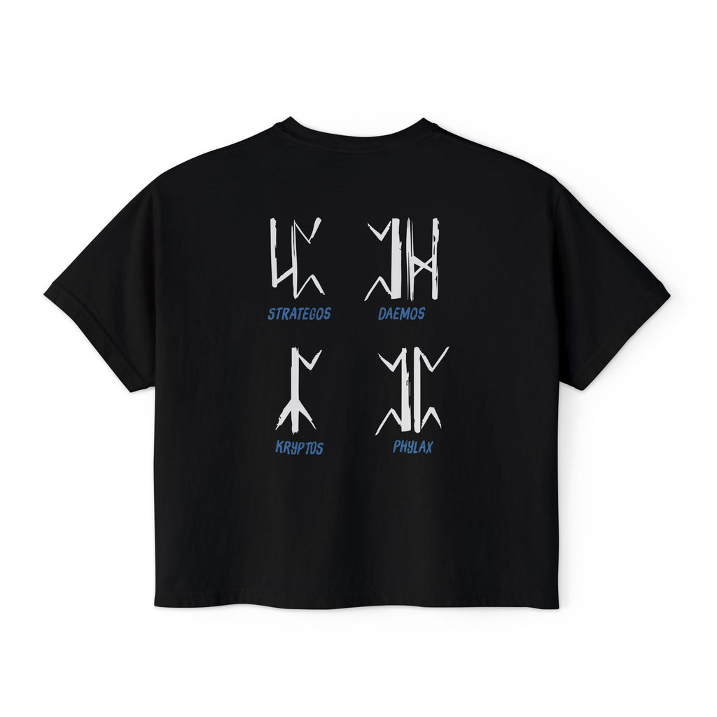 thtgrlreads Wolves of Ruin collection black Comfort Colors crop top featuring stylized white runic symbols with blue text design, part of Printify's officially licensed bookish apparel.