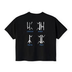 thtgrlreads Wolves of Ruin collection black Comfort Colors crop top featuring stylized white runic symbols with blue text design, part of Printify's officially licensed bookish apparel.