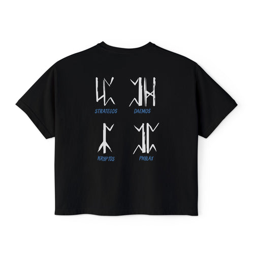 thtgrlreads Wolves of Ruin collection black Comfort Colors crop top featuring stylized white runic symbols with blue text design, part of Printify's officially licensed bookish apparel.