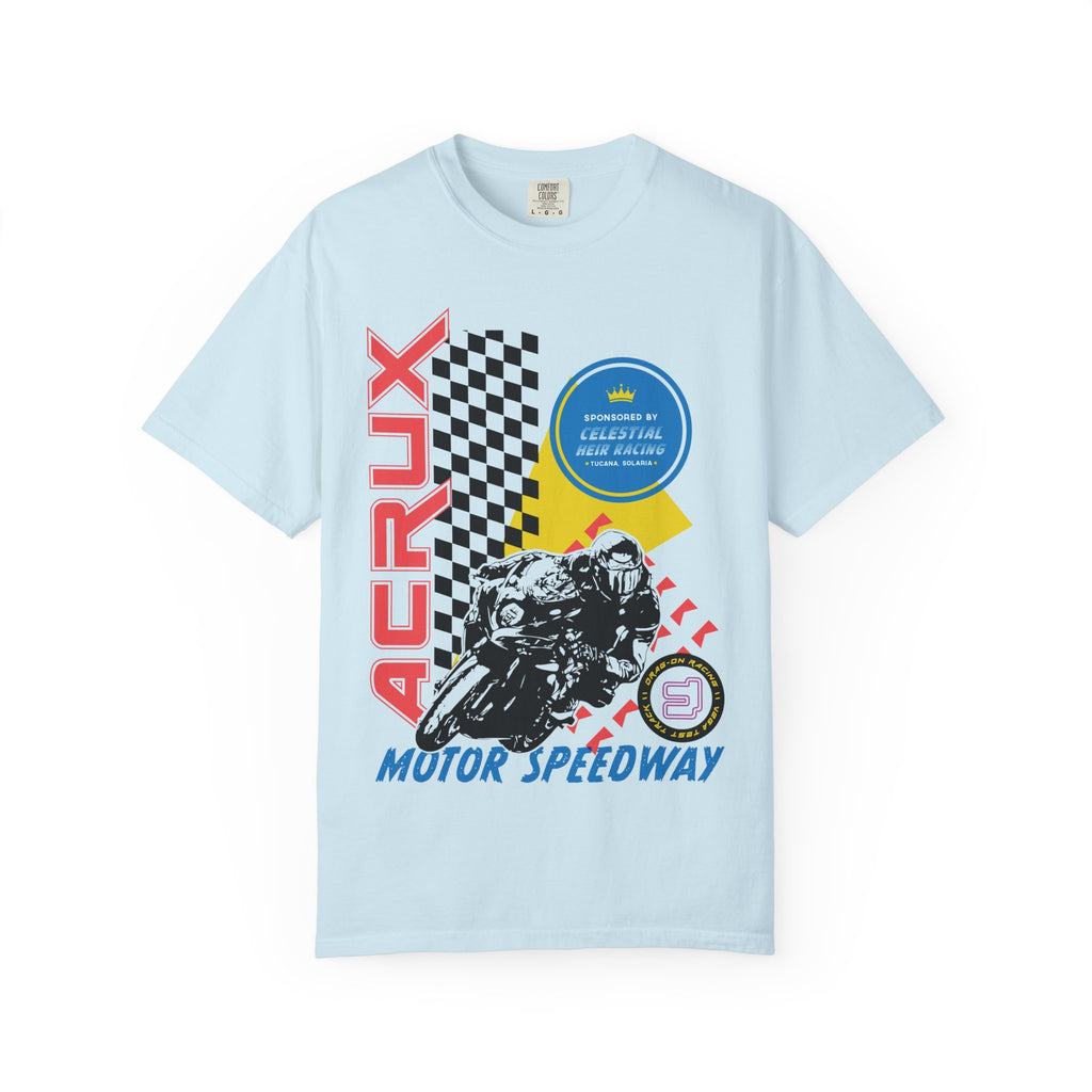 A Zodiac Academy inspired light blue Comfort Colors graphic tee from thtgrlreads featuring a vintage-style racing motorcycle print with bold red "Acrux" text and checkered flag details.