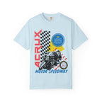 A Zodiac Academy inspired light blue Comfort Colors graphic tee from thtgrlreads featuring a vintage-style racing motorcycle print with bold red "Acrux" text and checkered flag details.
