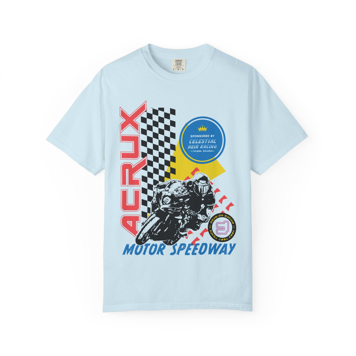 A Zodiac Academy inspired light blue Comfort Colors graphic tee from thtgrlreads featuring a vintage-style racing motorcycle print with bold red "Acrux" text and checkered flag details.