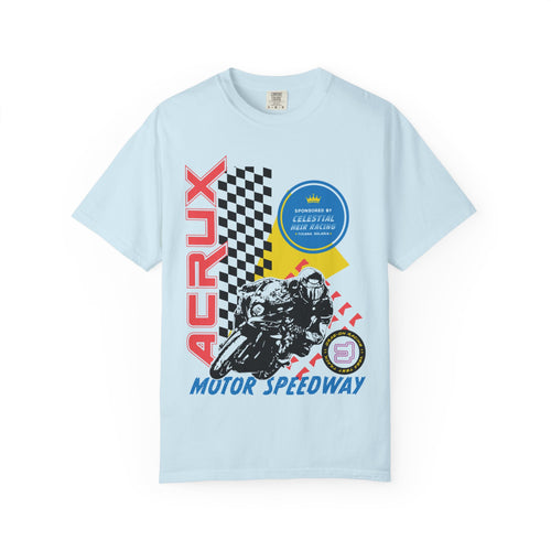 A Zodiac Academy inspired light blue Comfort Colors graphic tee from thtgrlreads featuring a vintage-style racing motorcycle print with bold red "Acrux" text and checkered flag details.