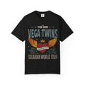 Comfort Colors graphic tee from thtgrlreads featuring a vintage wash black base with a bold retro-style "Vega Twins" winged heart and crown print, part of the Zodiac Academy collection.