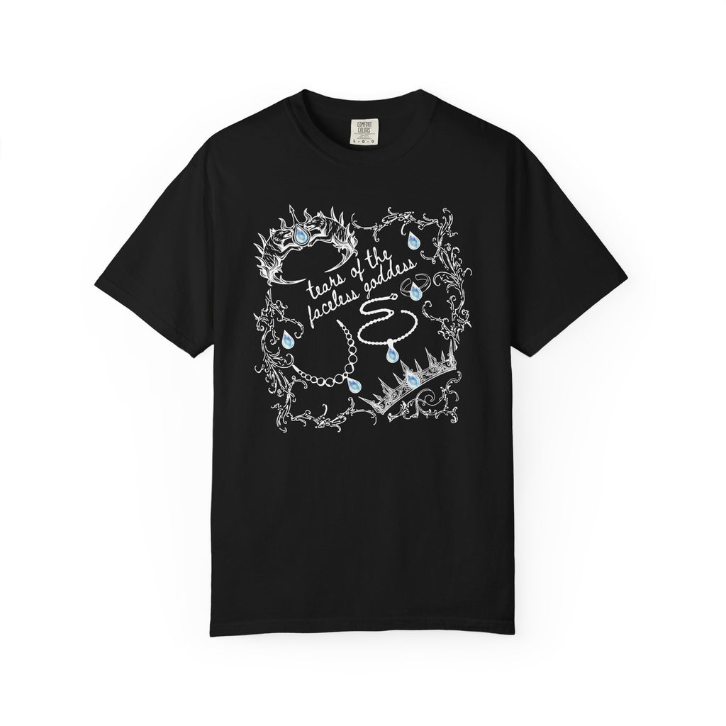 Thtgrlreads Wolves of Ruin collection black Comfort Colors graphic tee by Printify featuring vintage wash and a white and blue vintage puff print design with crowns and teardrops.