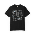Thtgrlreads Wolves of Ruin collection black Comfort Colors graphic tee by Printify featuring vintage wash and a white and blue vintage puff print design with crowns and teardrops.