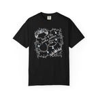 Thtgrlreads Wolves of Ruin collection black Comfort Colors graphic tee by Printify featuring vintage wash and a white and blue vintage puff print design with crowns and teardrops.