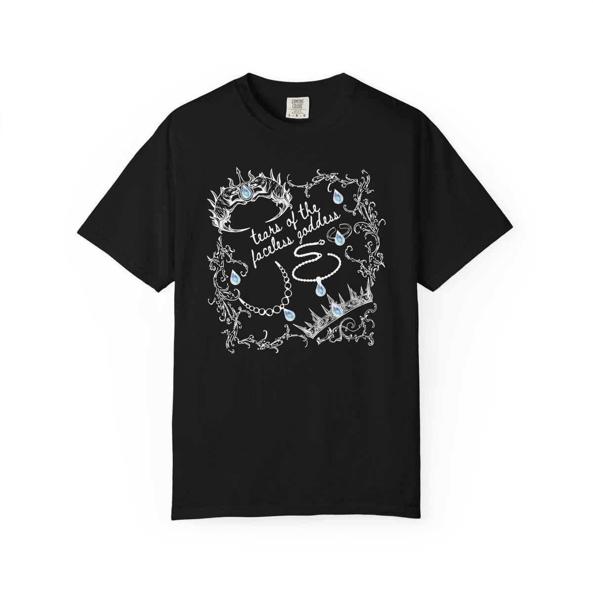 Thtgrlreads Wolves of Ruin collection black Comfort Colors graphic tee by Printify featuring vintage wash and a white and blue vintage puff print design with crowns and teardrops.