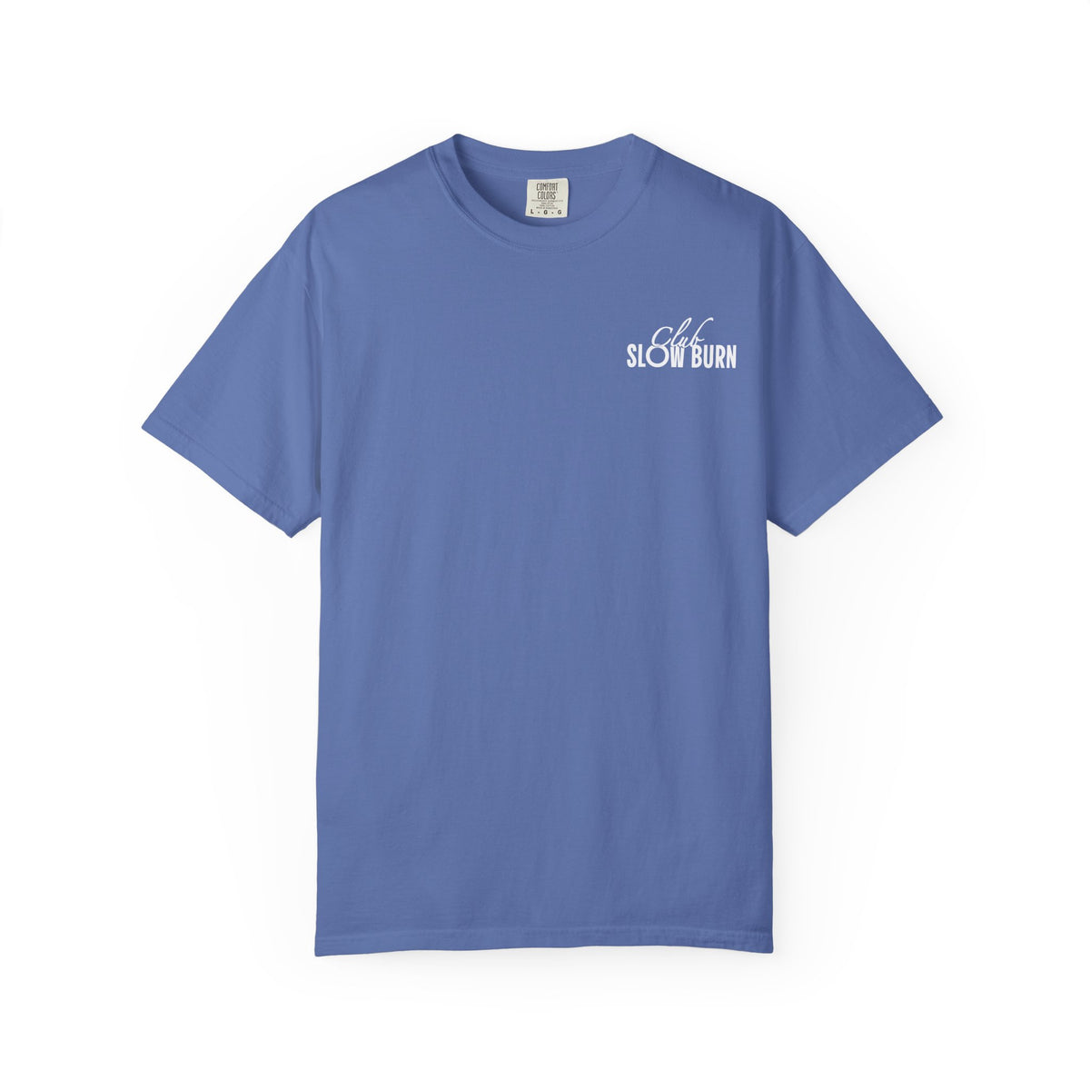 Thtgrlreads Comfort Colors graphic tee from Book Bestie collection featuring a vintage-washed unisex blue shirt with a small white "Slow Burn" text print on the chest.