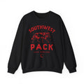 Black crewneck sweatshirt featuring a red wolf graphic with Southwest Pack and Lowe Moreland lettering from Thtgrlreads Ali Hazelwood bookish merch