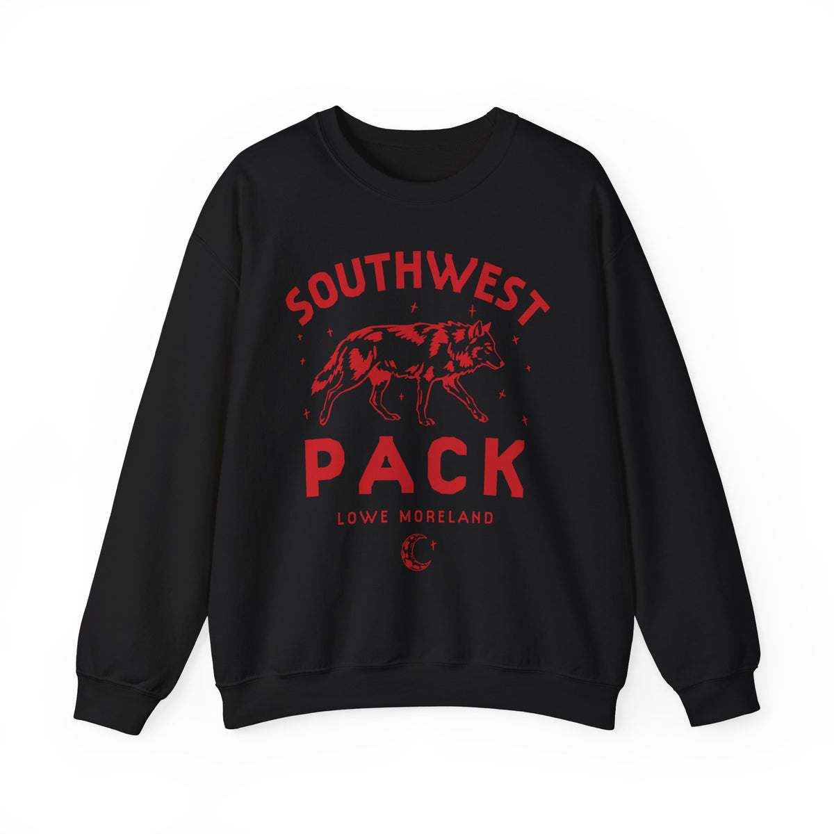 Black crewneck sweatshirt featuring a red wolf graphic with Southwest Pack and Lowe Moreland lettering from Thtgrlreads Ali Hazelwood bookish merch