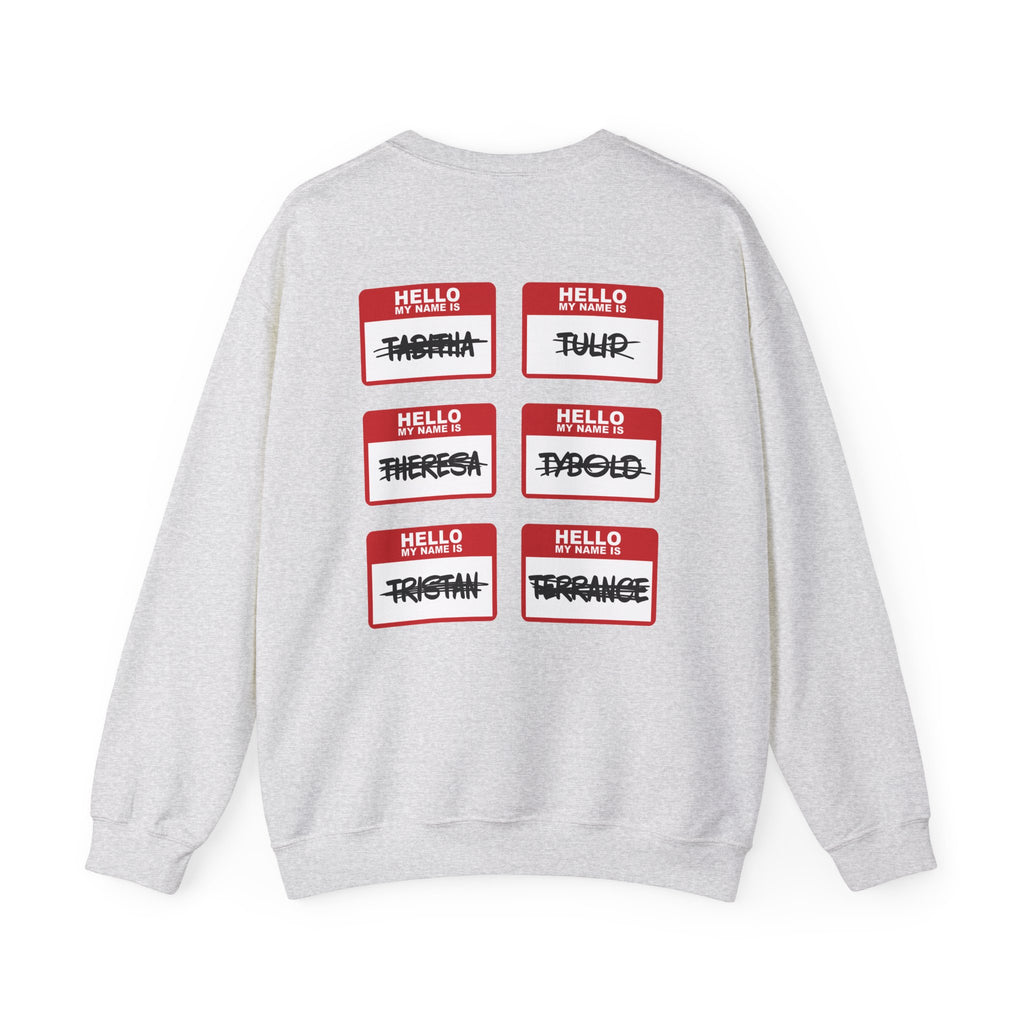 Thtgrlreads Kindred's Curse Saga Crewnecks feature a vintage-washed Comfort Colors oversized crewneck sweatshirt with six red name tag graphics in bold black script, crossing out various names.