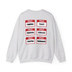 Thtgrlreads Kindred's Curse Saga Crewnecks feature a vintage-washed Comfort Colors oversized crewneck sweatshirt with six red name tag graphics in bold black script, crossing out various names.