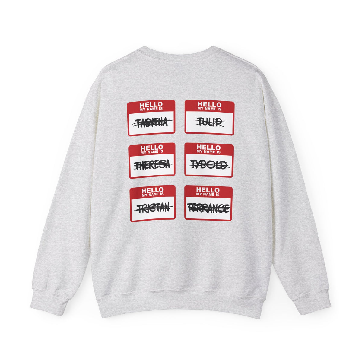Thtgrlreads Kindred's Curse Saga Crewnecks feature a vintage-washed Comfort Colors oversized crewneck sweatshirt with six red name tag graphics in bold black script, crossing out various names.